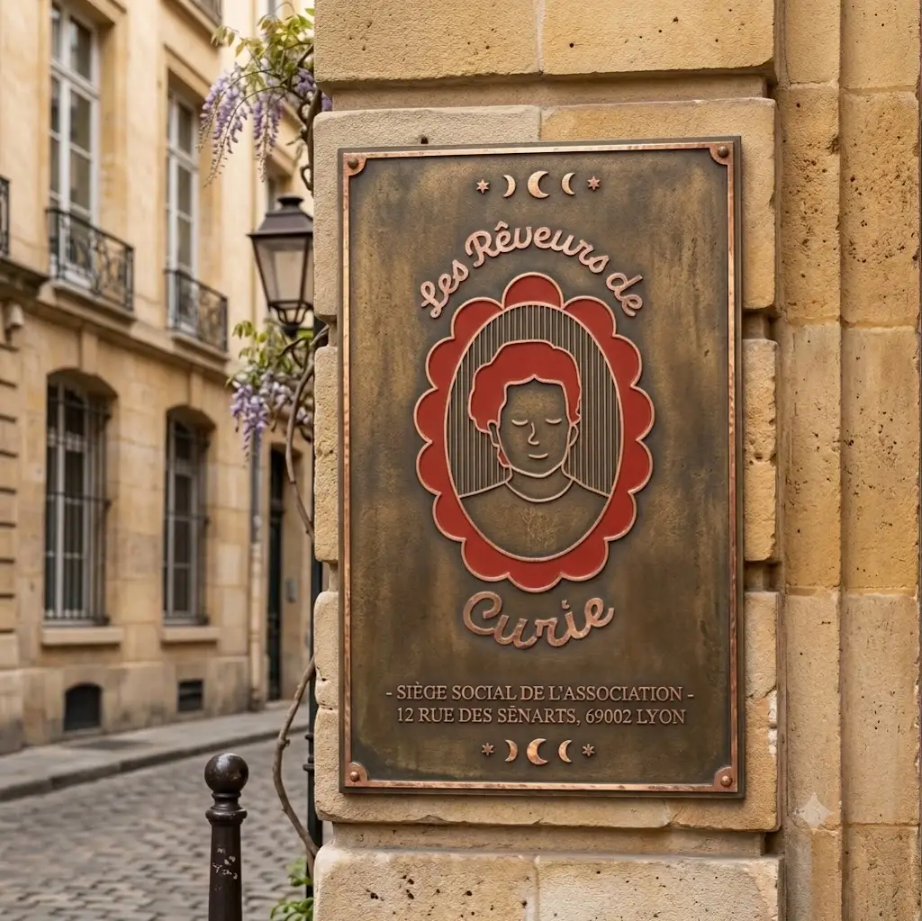 Plaque à l'entrée du siège de l'association "les rêveurs de Curie" à Lyon